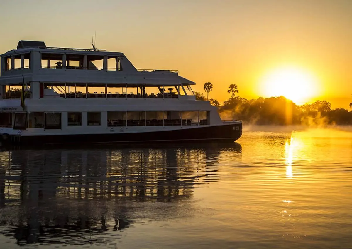 The Zambezi Explorer luxury cruiser on the Zambezi River at sunset